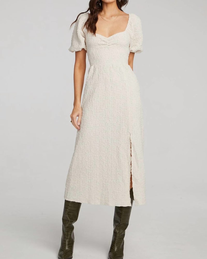 Front of a model wearing a size XL Fullmer Midi Dress In Sandstone in Sandstone by saltwater LUXE. | dia_product_style_image_id:342872